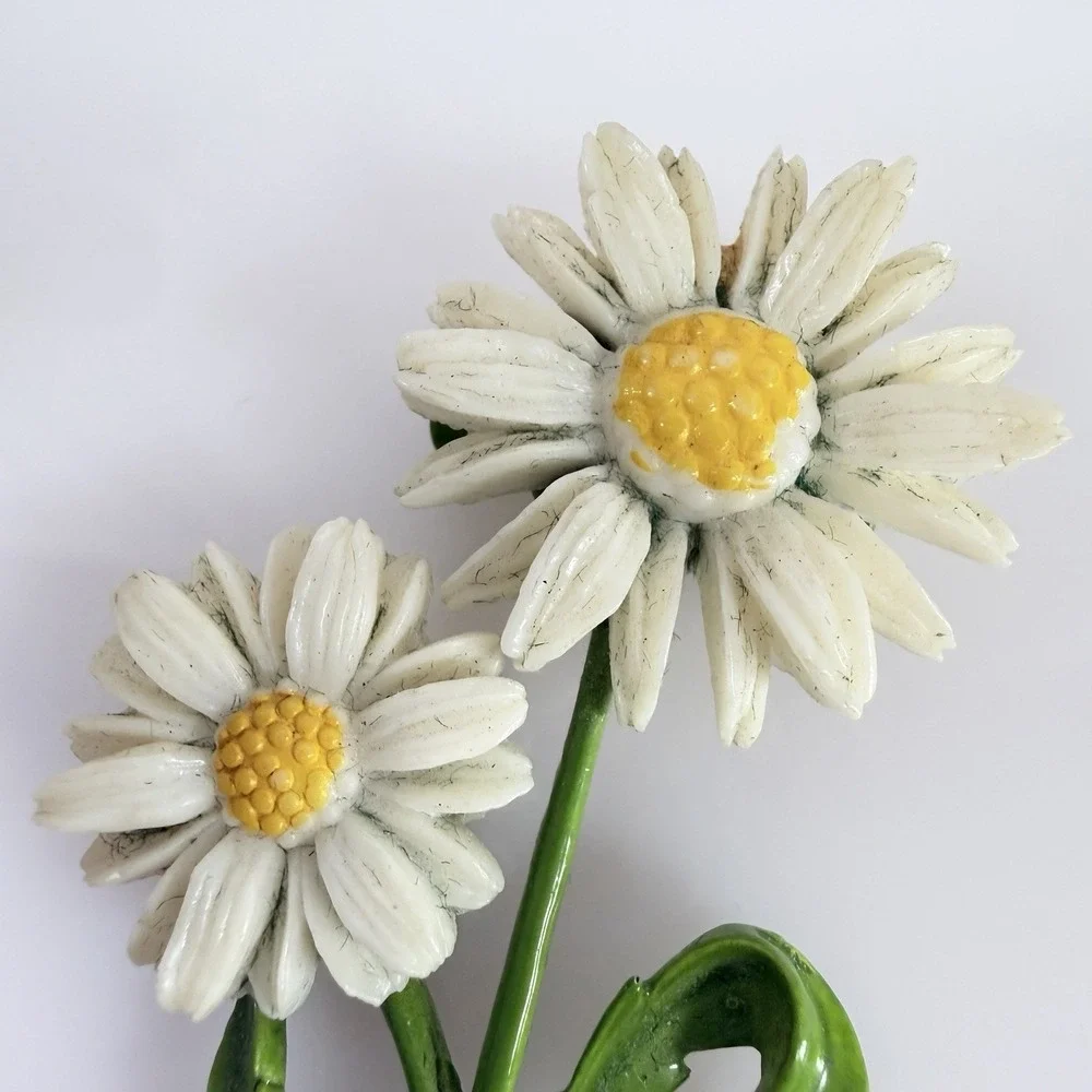 Vintage Flower Brooch Green Enamel & Cream Celluloid 2.5